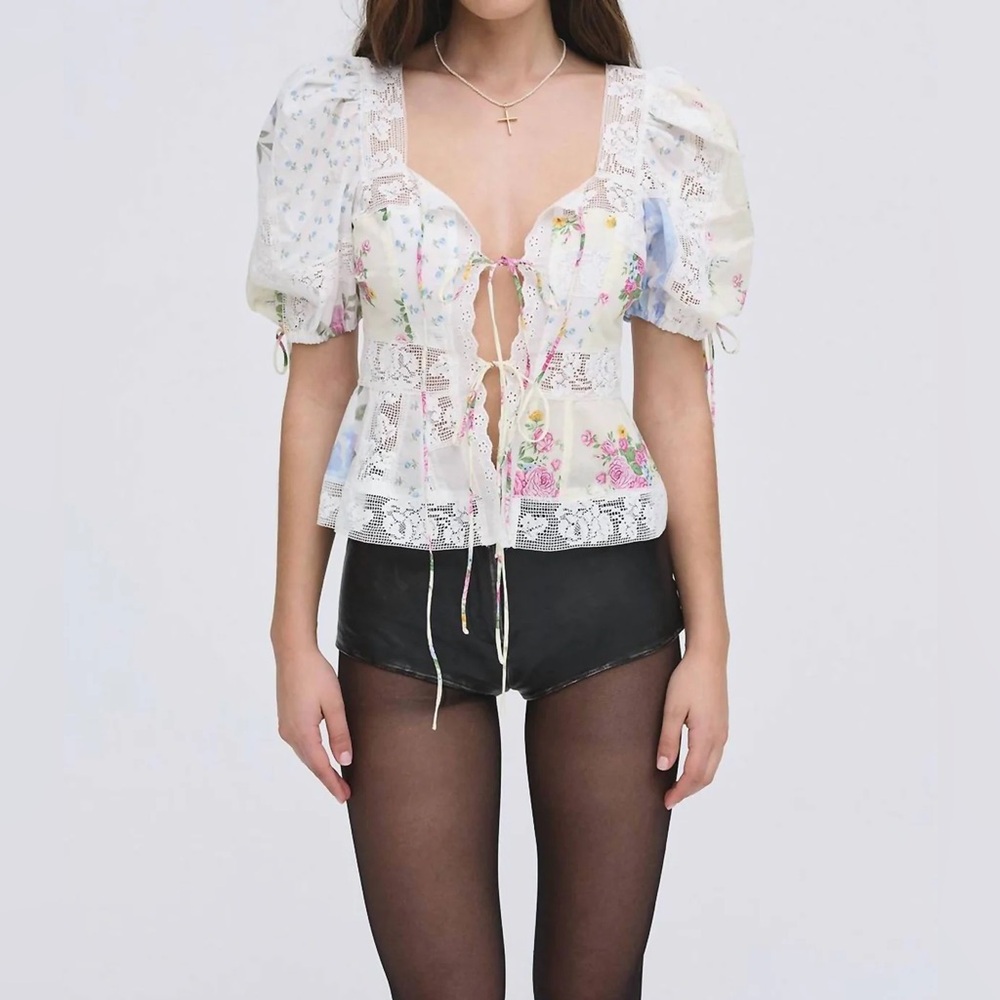For Love & Lemons - Patchwork Violette Top Floral Lace-Up Puff Sleeve - Picture 8 of 8